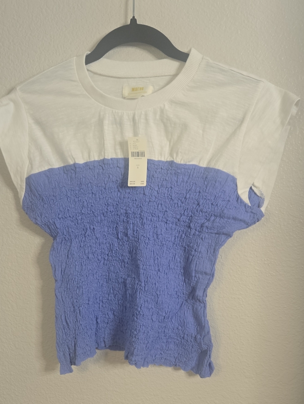 Anthropologie White and Periwinkle Smocked Colorblock Tee